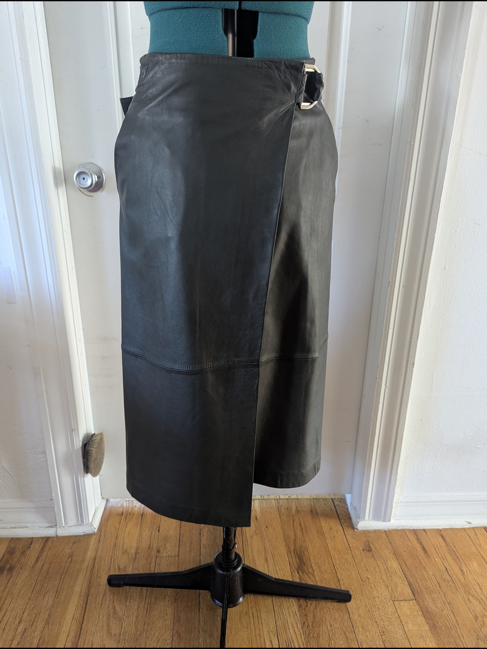 Dark Green Faux Leather Wrap Midi Skirt